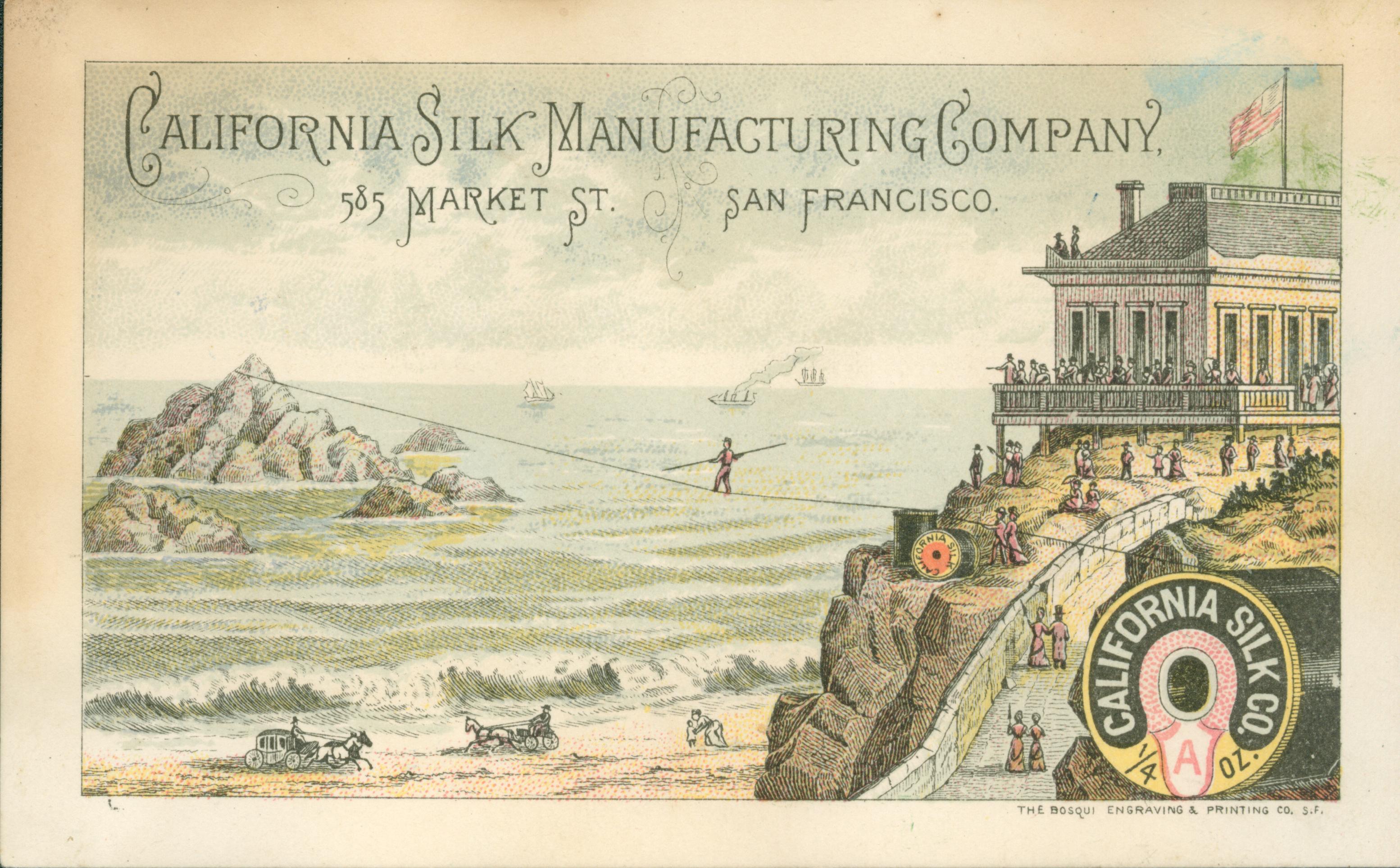 This trade card, shows a man walking on a tightrope made of a spool of California Silk, from the beach near the Cliff House out to Seal Rock.